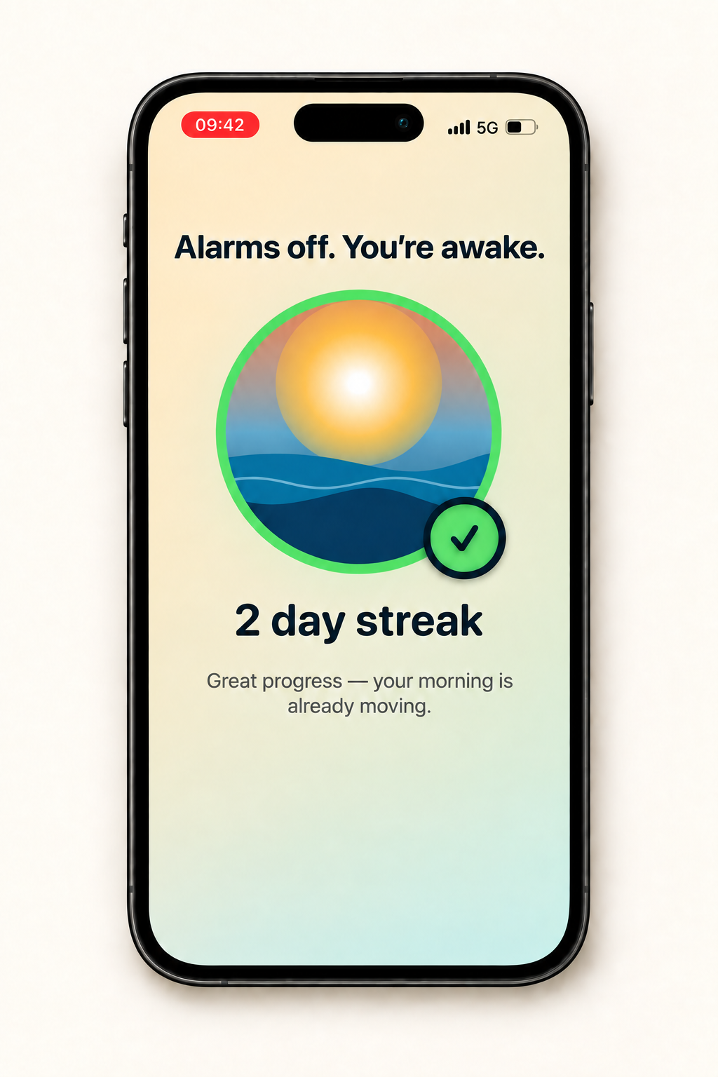 WakeFlow completion screen celebrating an awake morning and a two-day streak