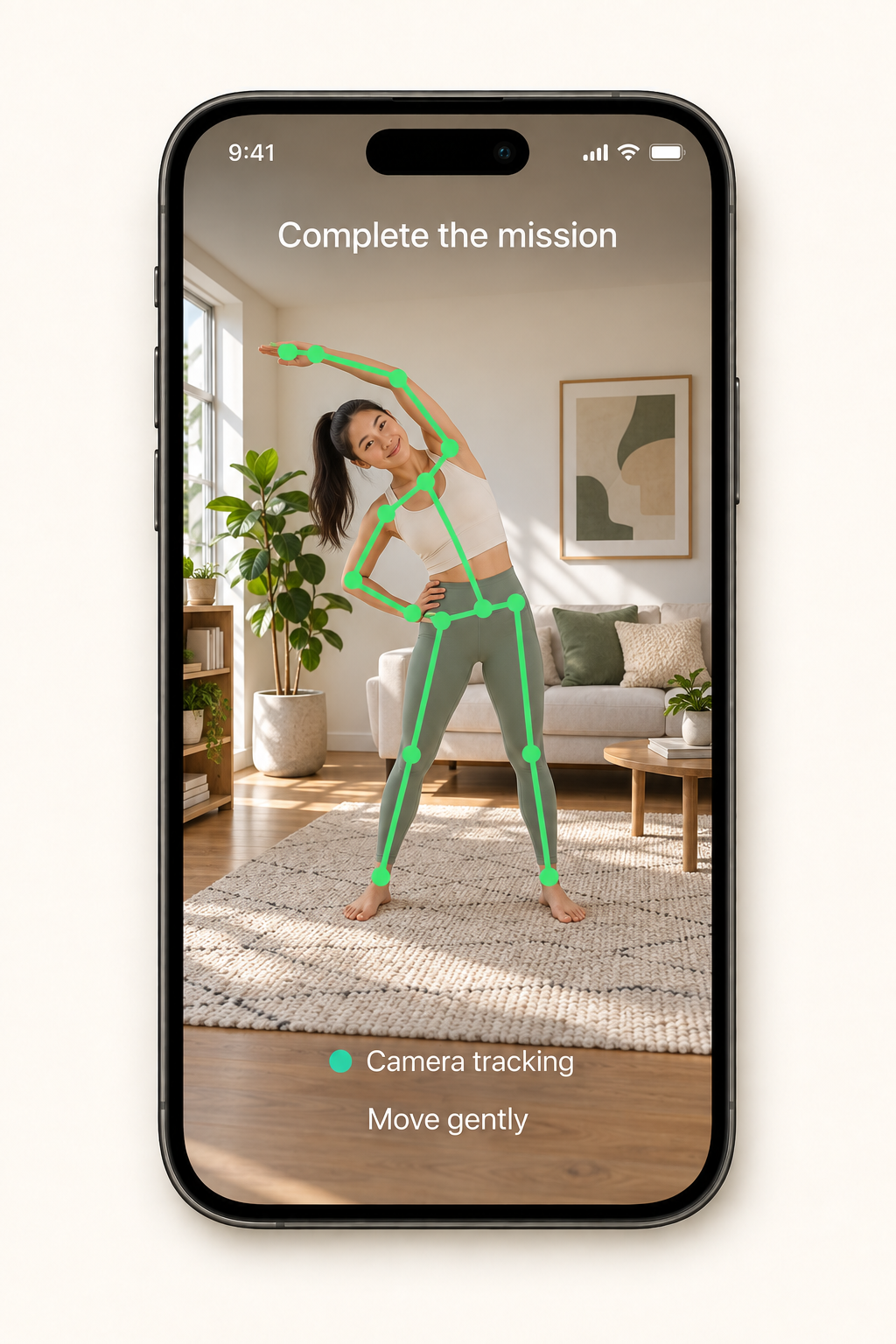 WakeFlow camera-verified side stretch with a woman in a bright living room