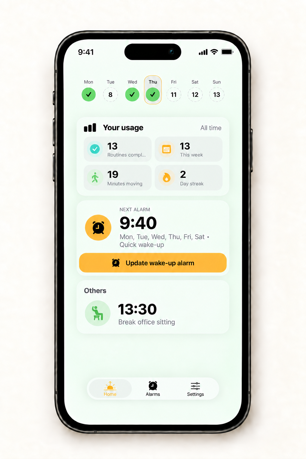 WakeFlow morning dashboard and next-alarm screen